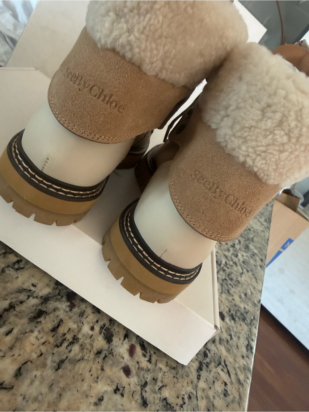 See By Chloé Eileen Tan Suede Lace-Up Sherpa Boots - Picture 4 of 10